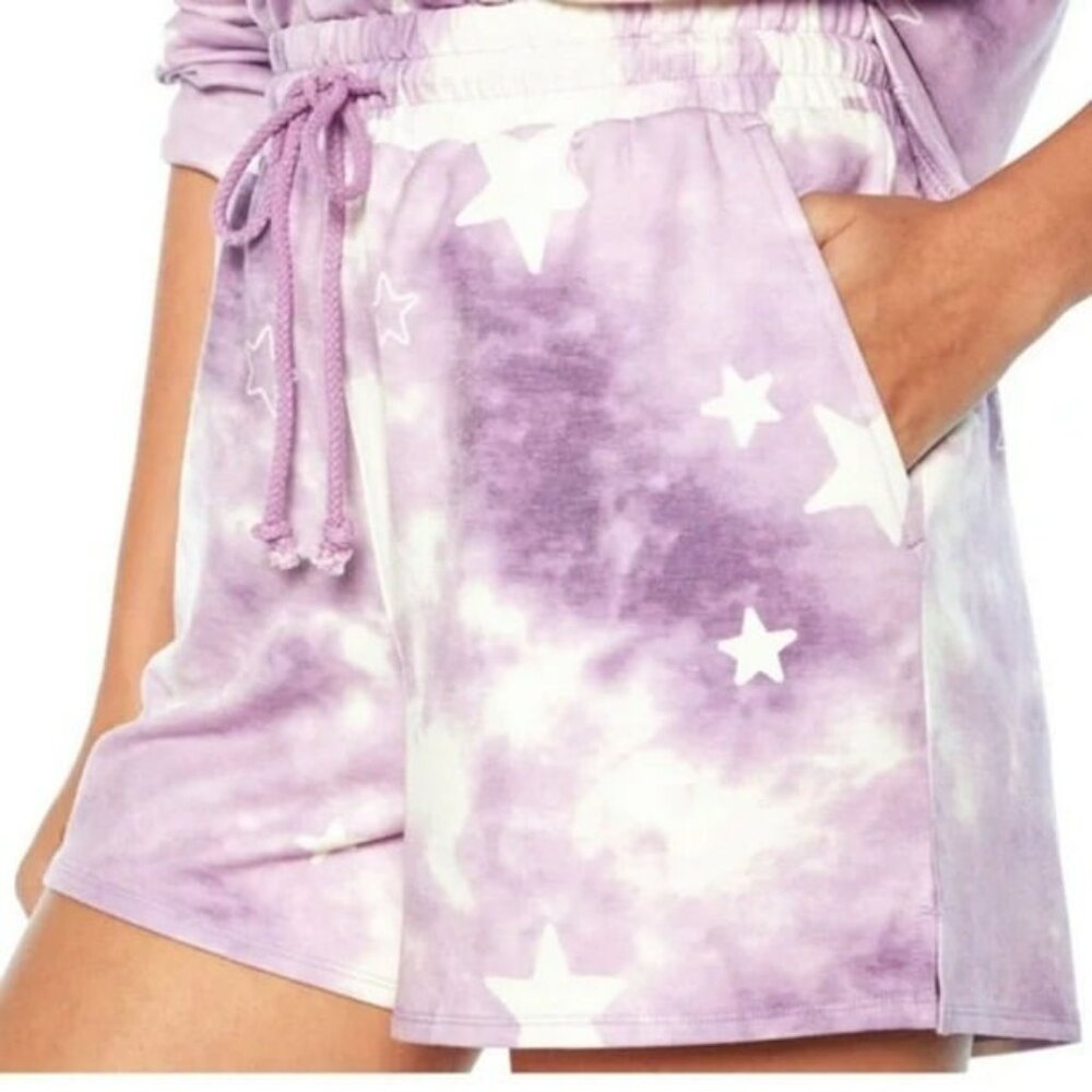 NWT Wildfox 2pc Lounge PJ Set Tie Dye Purple Stars Sweatshirt Shorts XL 18 20 - Picture 4 of 8